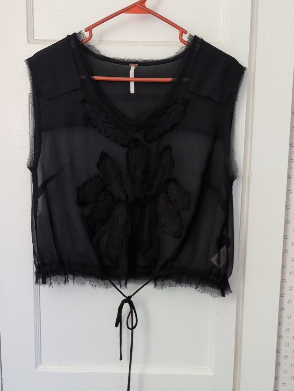 Free People S Top Sheer Black Sleeveless Tie-Hem Crop Whimsigoth Embellished